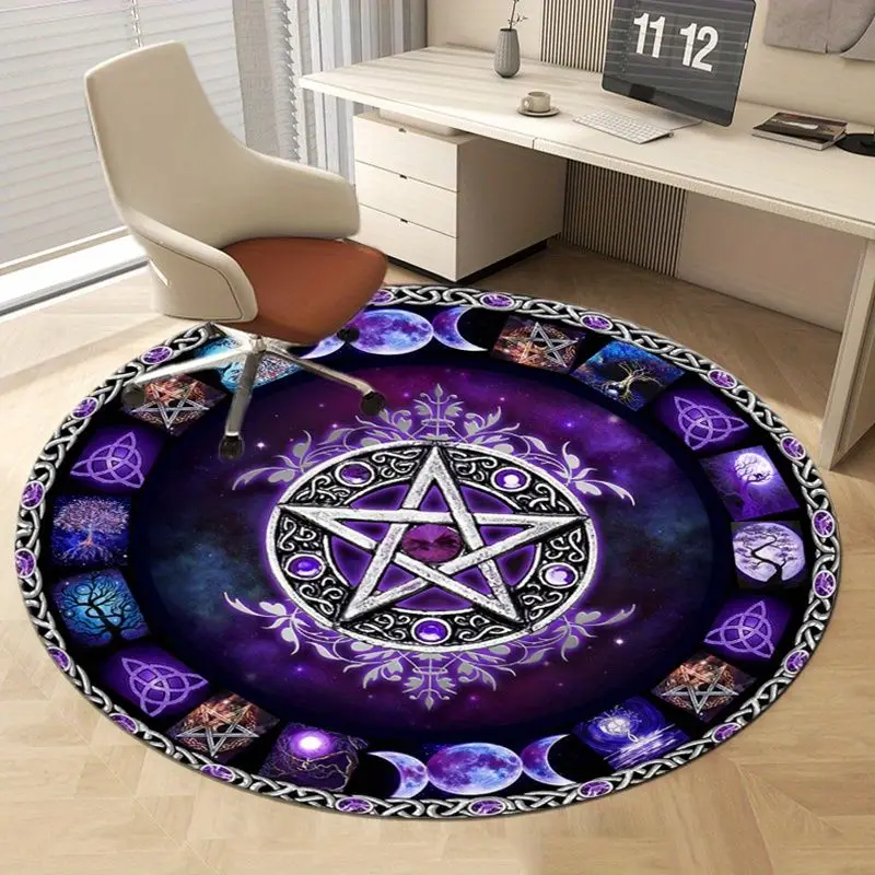 VIKAMA Purple Fantasy Starry Sky Pentagram Round Carpet, Rotating Chair Mat, French Bedroom Light Luxury Floor Mat