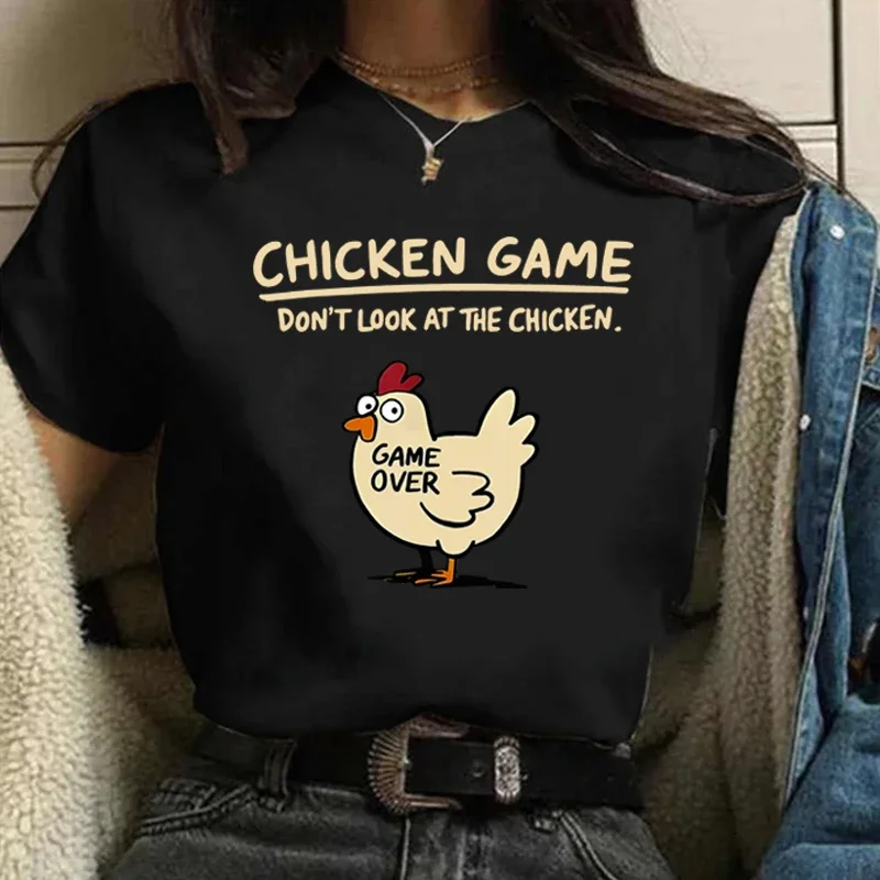 Women Chicken Game Pattern Printed T-Shirt Summer Casual Loose Daily Outdoor Round Neck Short Sleeve T-shirt Womens Top