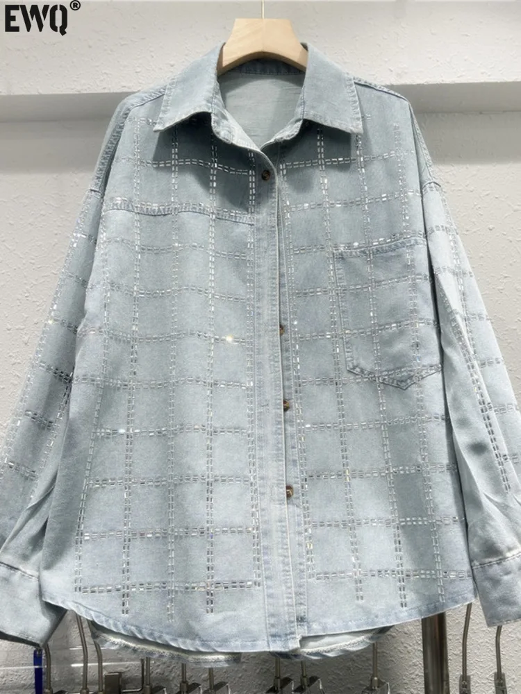 

[EWQ] Full Sleeve Single Breasted Denim Shirts Diamonds Design Loose Blouse Solid Women's Fashion Clothing 2024 Autumn 16O1184