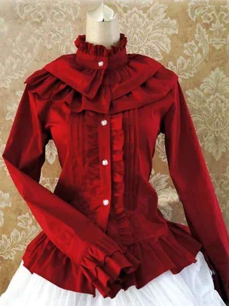 Sweet Cotton Lolita Blouse Long Sleeves Ruffles Stand Collar