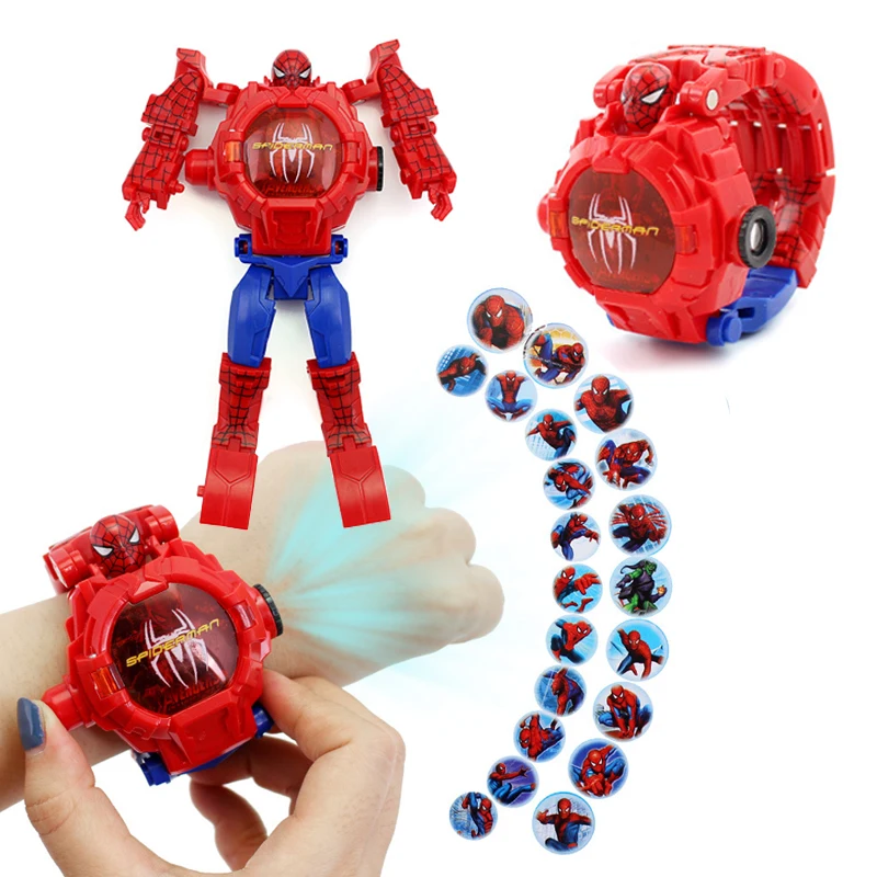 Disney Toys Watch Marvel Heroes Spiderman Captain America Iron Man Deformation Robot Electronic Projection Watch Children Gitfs