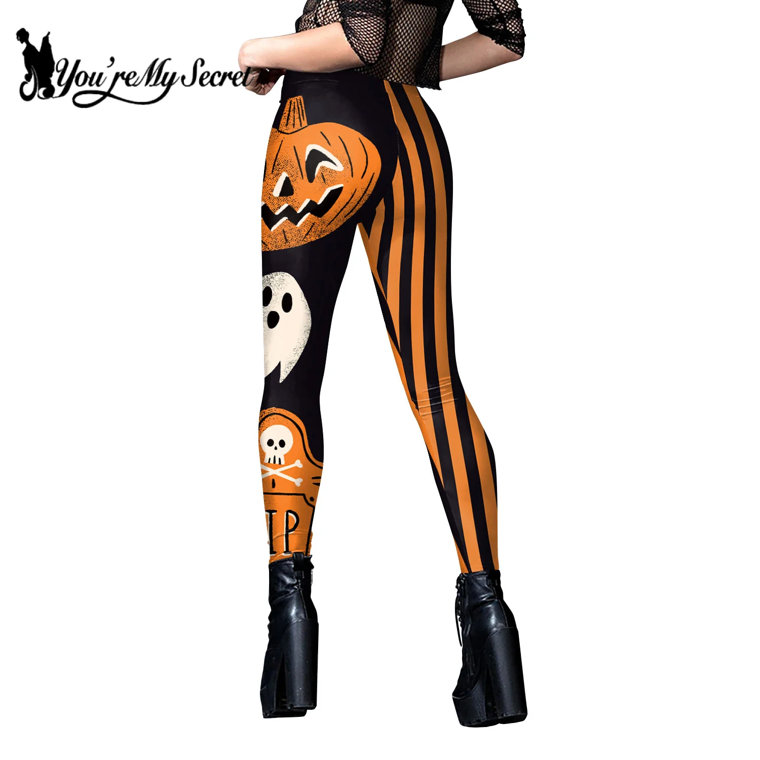 [You\'re My Secret] Halloween Pumpkin Skull 3D Print Pattern Sexy Stripe Workout Pants Leggings For Women Trouser Mid Waist Pant