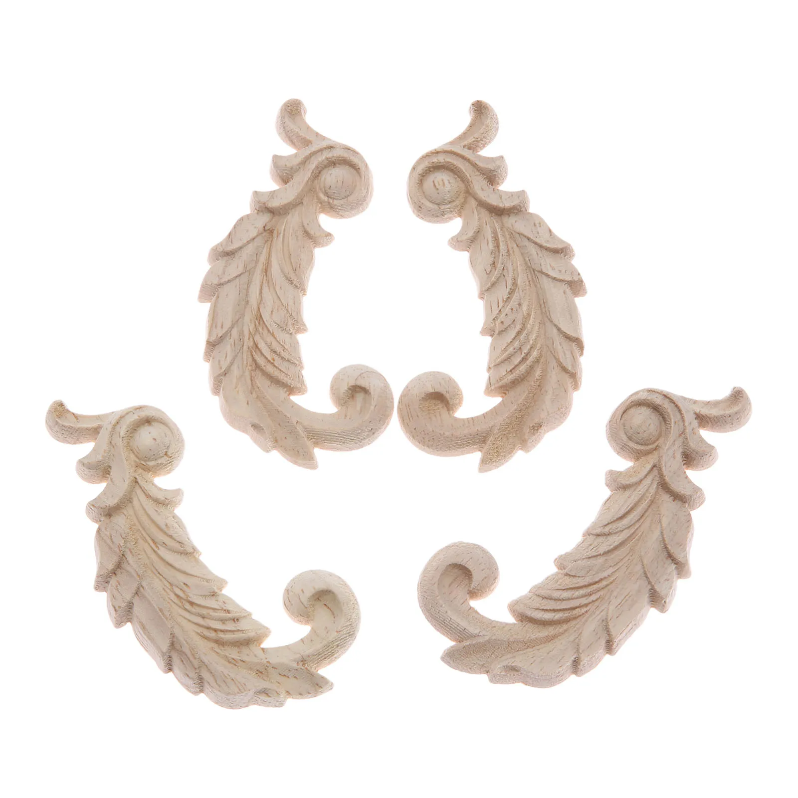 2 Pairs /4 Pcs Left Right Leaves Pattern Unpainted Wood-Carved Onlay Applique Board Frame Decor for Furniture Door 8.5x4.5cm