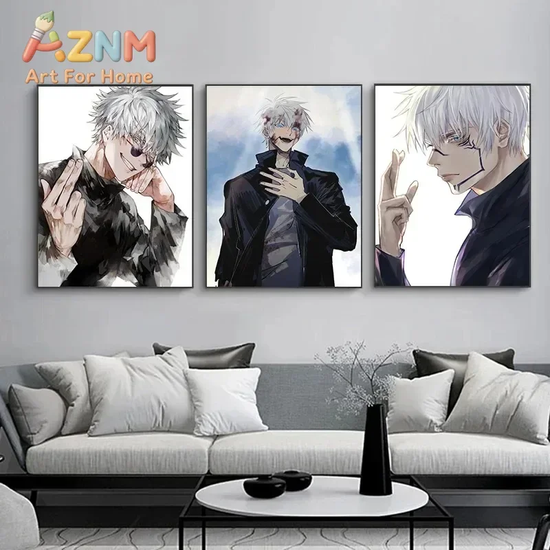 AZNM Jujutsu Kaisen Satoru Gojo Anime Canvas Wall Art Handsome Character Canvas Print Bedroom Aesthetic Decor Poster