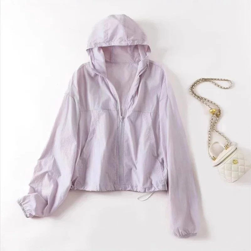 Women Sun Protection Jacket Hooded, UV Proof Ice Silk Cooling, Thin Short Summer Zipper Upf, Outdoor Commute Purple Green