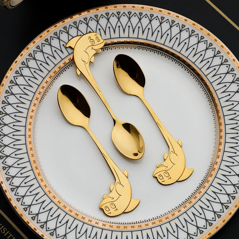 304 Stainless Steel Dolphin Spoon Creative Cartoon Hanging Side Cute Coffee Gold-plated Stirring  Tableware