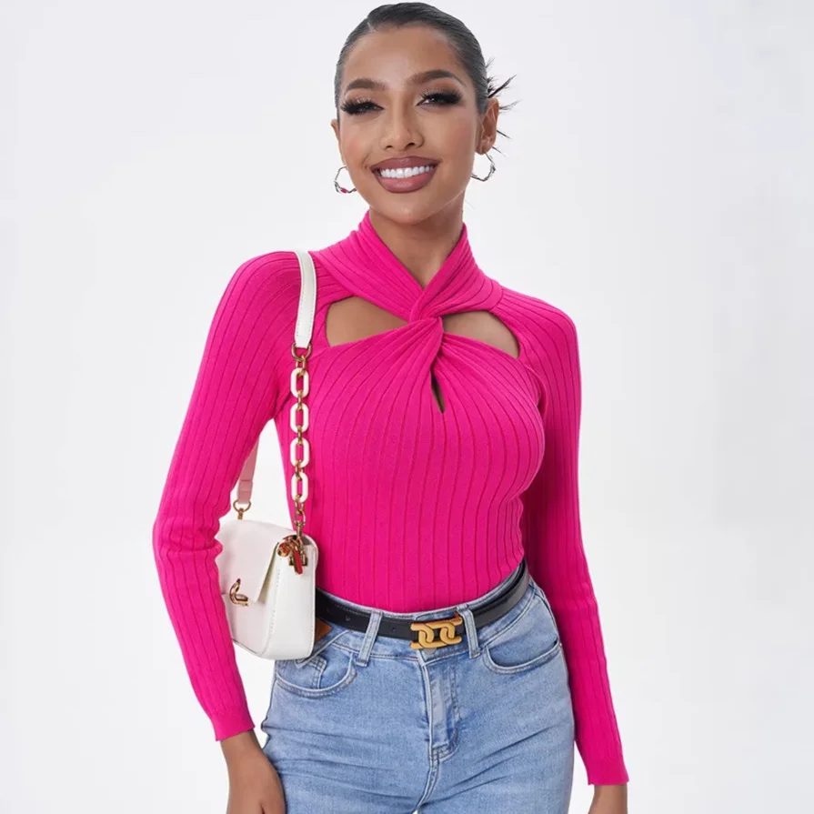 

Style Sexy Slim-fit Cross-cutout Twisted Knitted Sweater For Women Tight-fitting Long-sleeve Pullover In Solid Color Casual FJ9A
