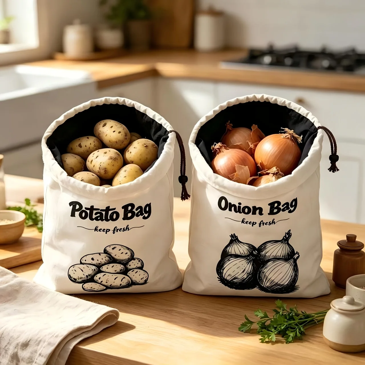 1pc Reusable Drawstring Vegetable Storage Bags, Fresh‑Keeping for Onion Potato Garlic, Pantry Fridge Use
