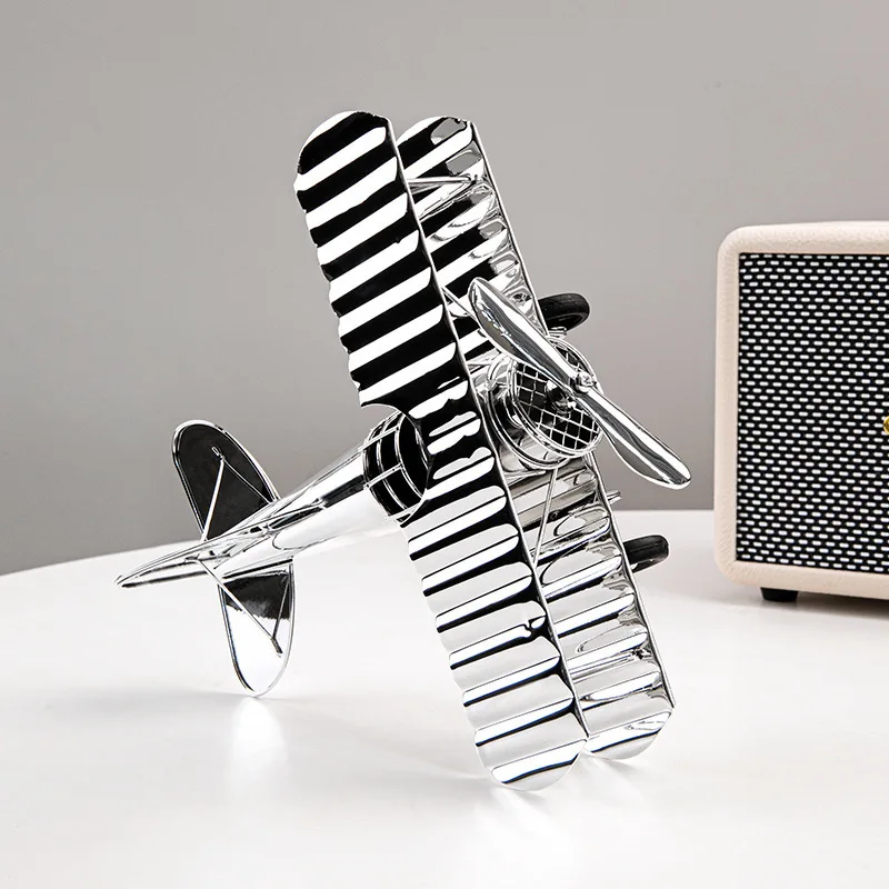 Kind Vintage Doppeldecker Silber Flugzeug Modell Spielzeug Galvanik Dekorationen Kreativität Metall Handwerk Hause Eingerichtet Flugzeug Spielzeug