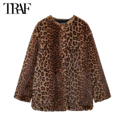 TRAF Leopard Print Long Jacket Women Faux Fur Winter Coat Female Outerwears Plush Jacket Women Long Sleeve Jackets for Women