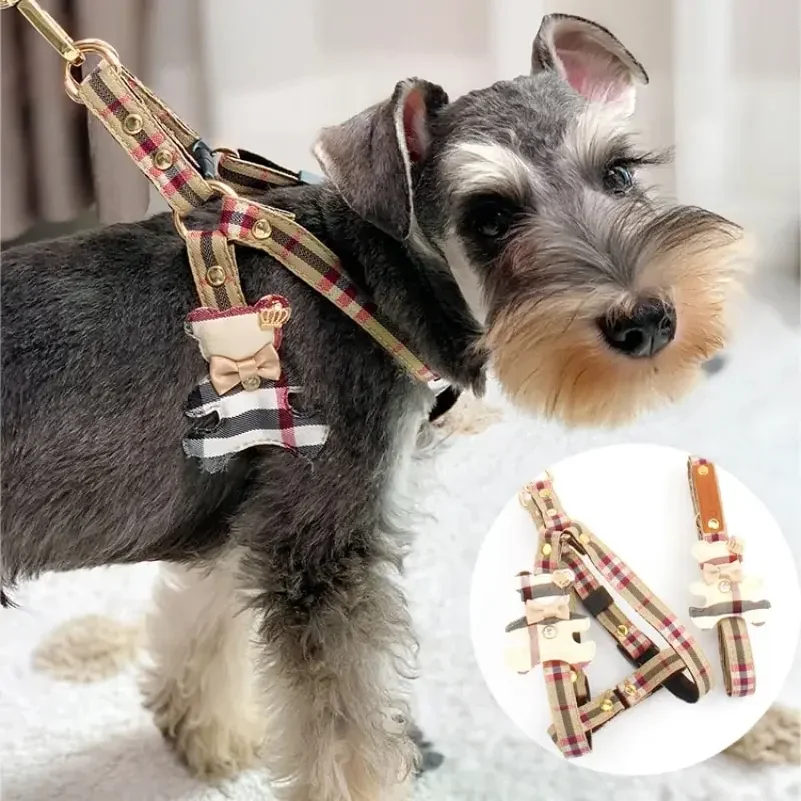 

2pcs/set Pet Vest Lovely Collar , Dog Harness Leash Cat British Style Harness Dog Accessories ,Teddy Chihuahua Pets Supplies