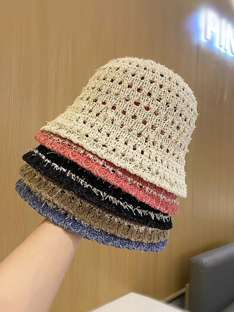 Hollow Mixed Color Knitted Bucket Hat Female Summer Face Small Breathable Basin Hats Fashion Simple Collapsible Fisherman Cap