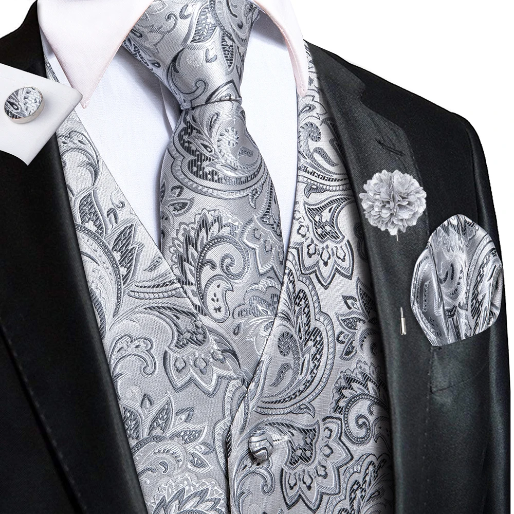 

Hi-Tie Floral Grey Silvery Mens Silk Vests V-Neck Waistcoat Tie Hanky Cufflinks Brooch Set for Men Suit Wedding Formal Business