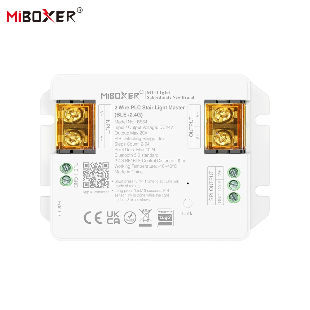 

Miboxer BS64 2-проводной лестничный светильник PLC Master Bluetooth/2,4 ГГц RF Control Поддержка до 64 лестниц DC24V Tuya Smart App