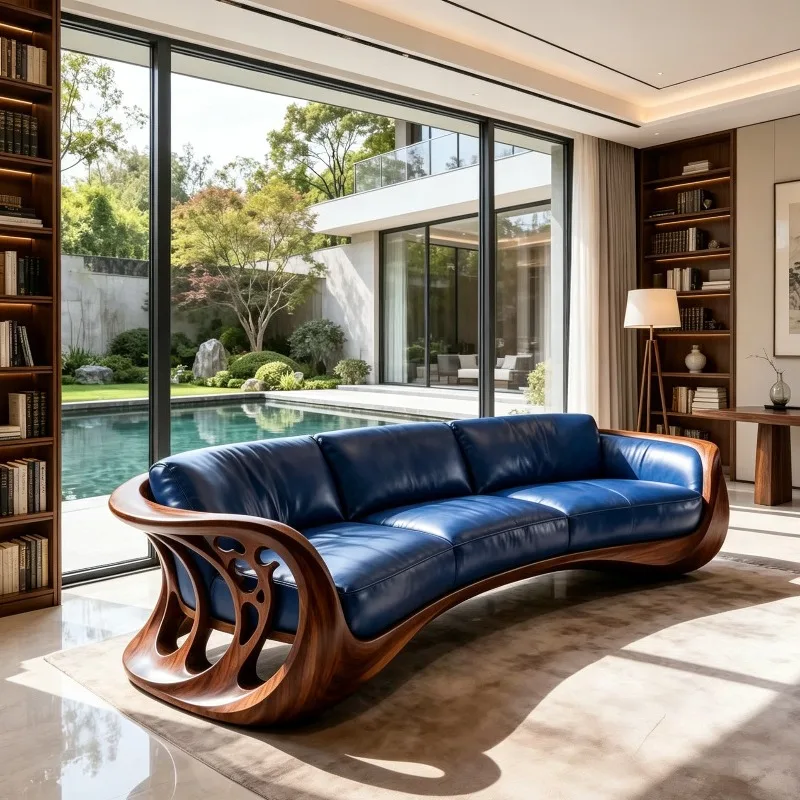 & Aesthetics New Chinese Style Solid Wood Living Room Sofas Blue 2 Seater Double Armchairs Couch High-end 3 Seater Home Furnitur