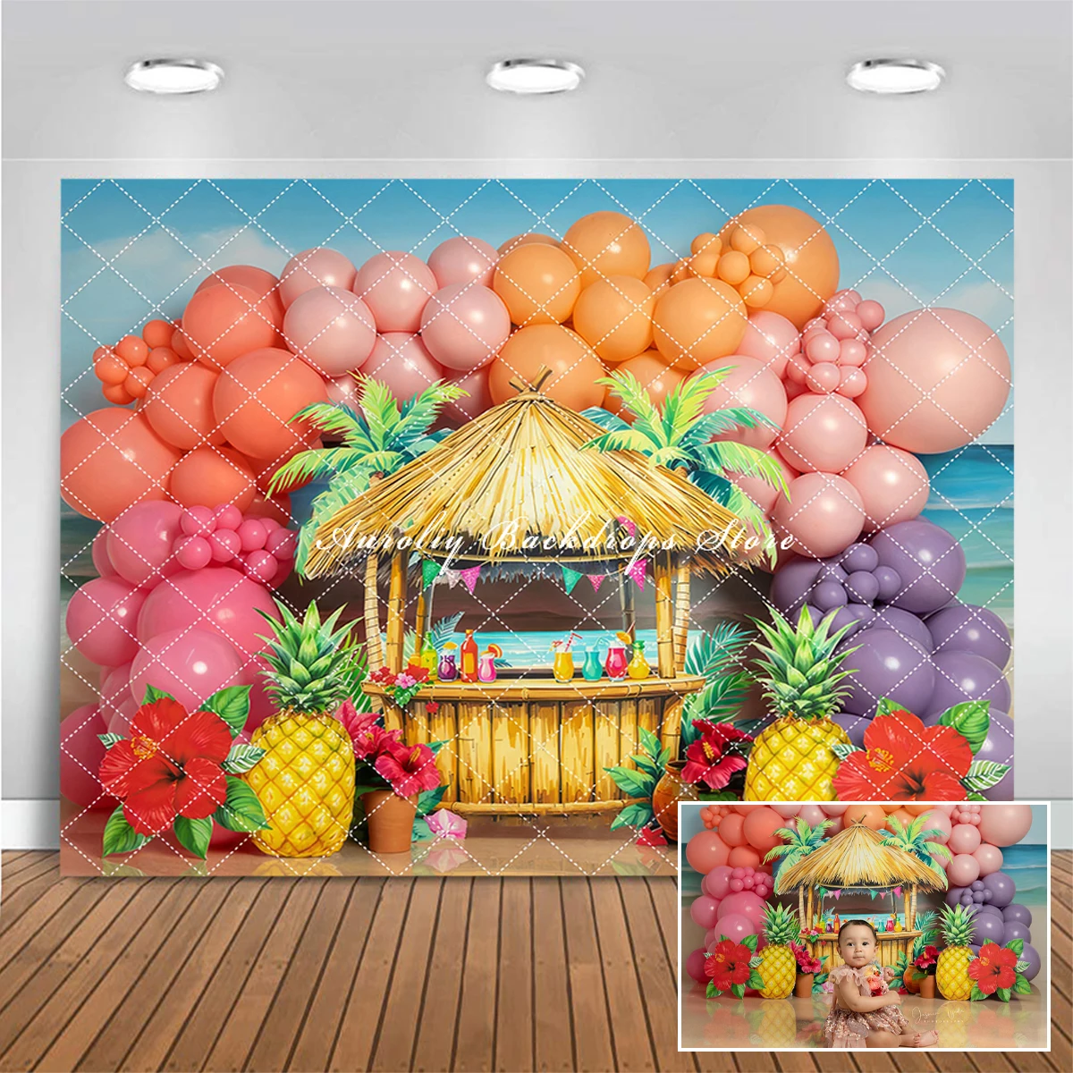 Tiki Tropic Sunset Stand telón de fondo isla piña niño bebé foto Prop adultos niños globo decoración fotografía estudio fondo