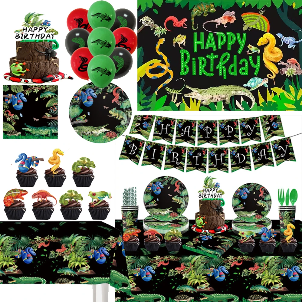 

Reptiles Birthday Themed Decor Party Disposable Tableware Napkin Banner Tablecloth Backdrop Kid Balloon Baby Shower Products
