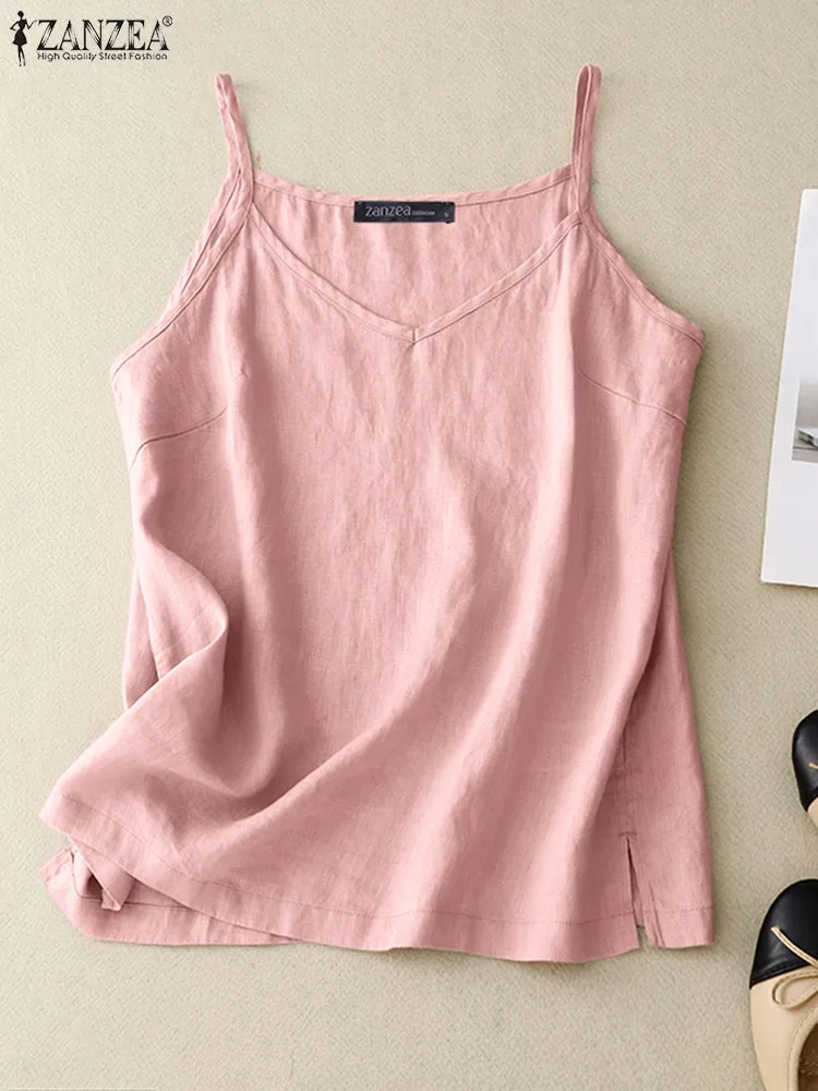 ZANZEA Summer Women Fashion Tanks Tops Casual Solid Cotton Blouse Elegant Party Work Blusas Chemise Spaghetti Strap V Neck Camis