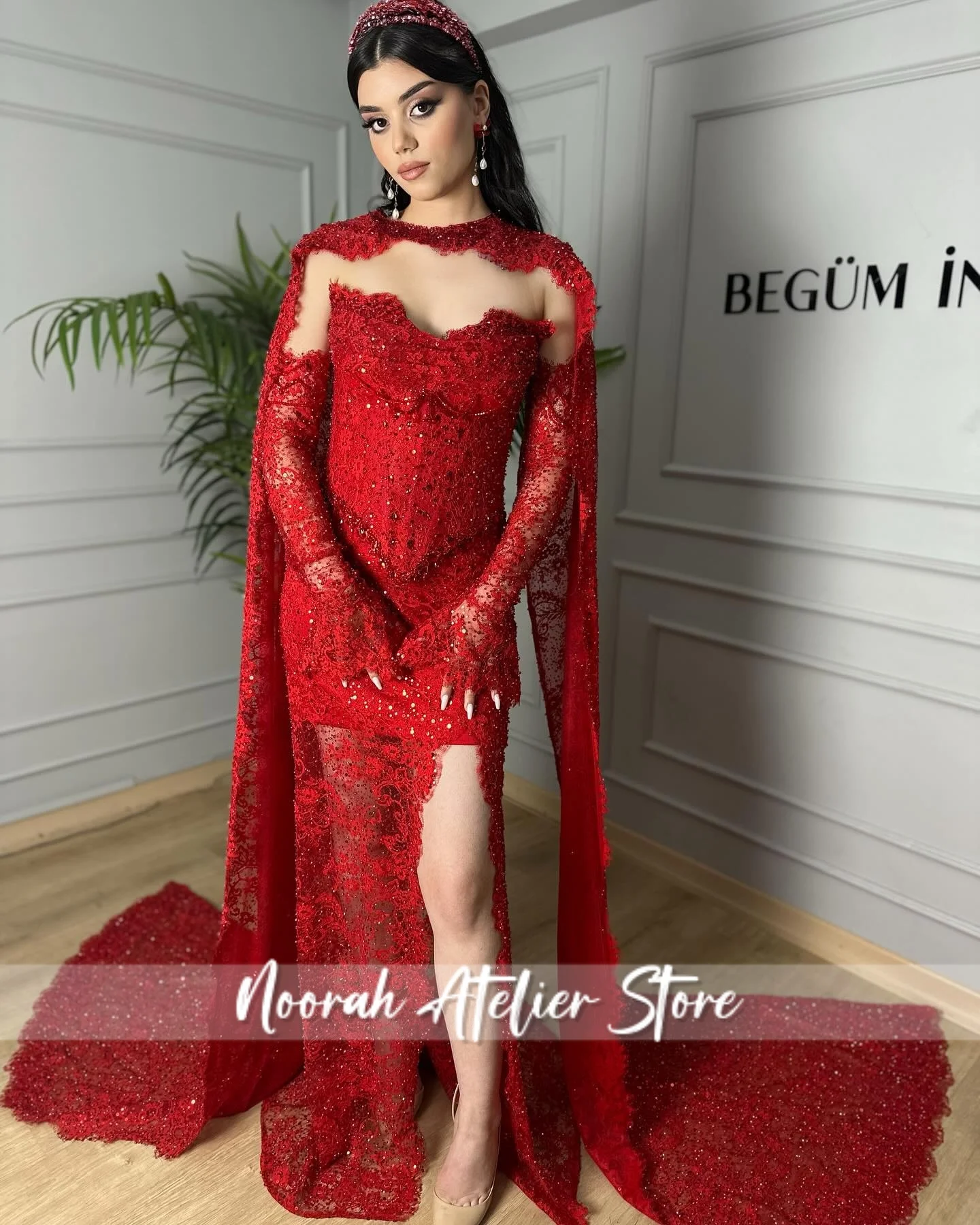 ชุดเดรสปาร์ตี้สีแดงเงาประดับลูกปัดหรูหรา ชุดแต่งงานแบบมีผ้าคลุม ชุดราตรี ชุดออกงาน สามารถสั่งตัดได้