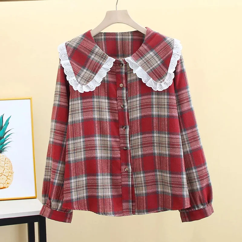 

Kawaii Red Plaid Shirt Women Sweet Lace Patchwork Long Sleeve Cute Blouse Preppy Style Fall Loose Peter Pan Collar Casual Tops