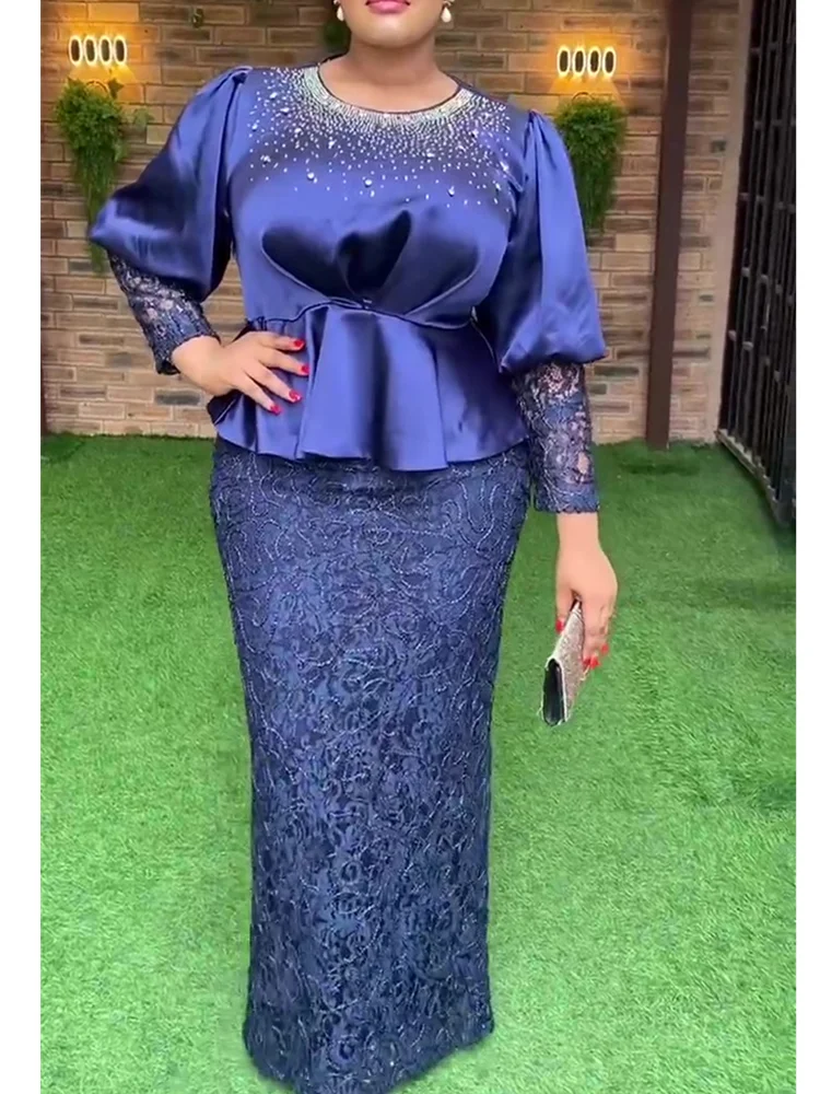 Elegant African Clothes for Women Dashiki Ankara Lace Outfits Gown Plus Size Lady Wedding Party Long Dresses 2024 New