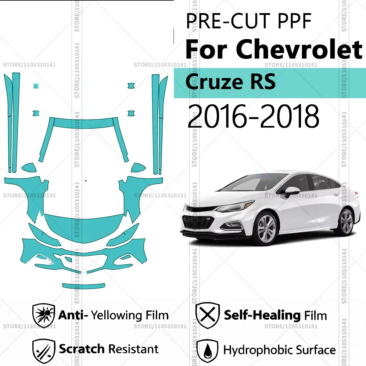 

Для Chevrolet Cruze RS 2016-2018: Предварительно вырезанная прозрачная защитная пленка (PPF) для автомобиля, комплект для передней части и порогов.