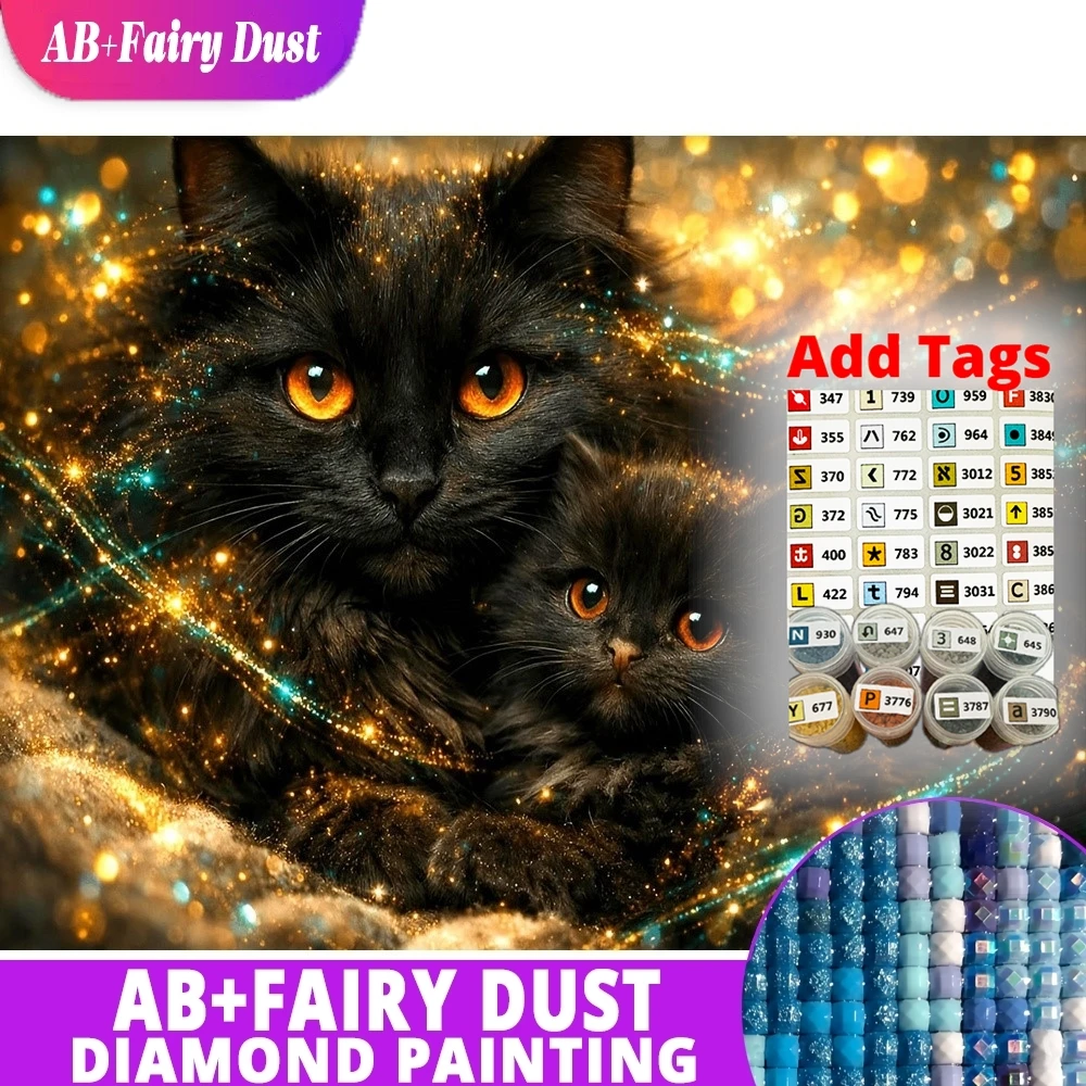 AB Fairy Dust Full Square Round Diamond Mosaic Two Cats Eyes Glowing Pet Animal Full Drill Painting Rhinestones Embroidery Wall