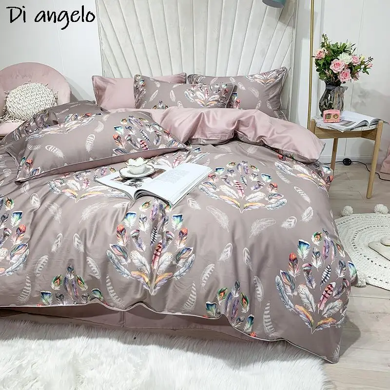 Imagem -04 - Nordic Feather Leaves Series Duvet Cover Grupo 600tc Algodão Egípcio Roupa de Cama Conjunto de Cama Folha Plana Rainha Rei s Pcs