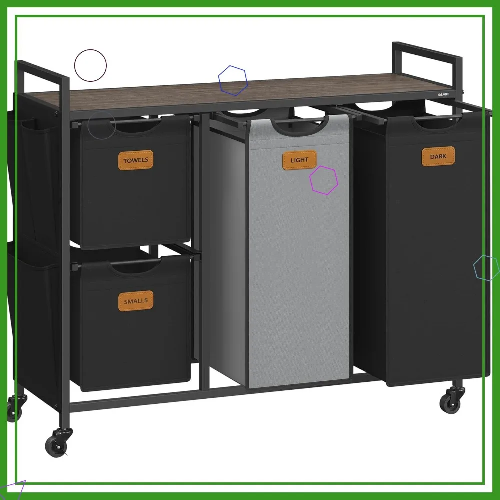 

Корзина для сортировки белья на 39,6 галлонов с 4 отделениями, на колесиках, с полками, боковыми карманами и этикетками, цвет каштановый коричневый