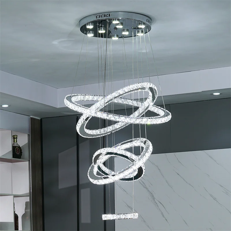 Imagem -02 - Luxo Rodada Cristal Led Espiral Lustre Lâmpada Pingente Luminárias Escada Hotel Dimmable Lustres Grande Anéis