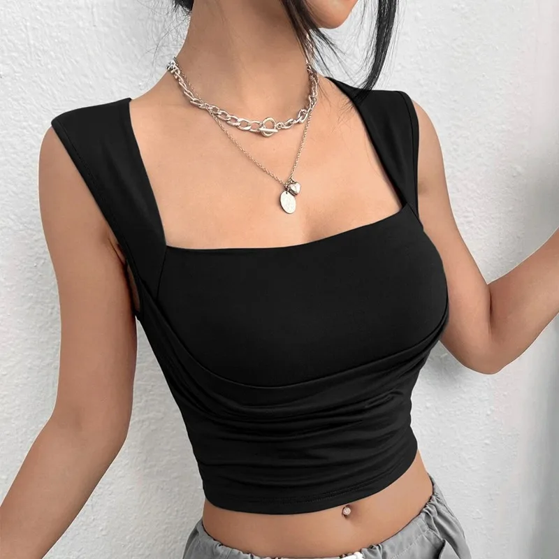 Summer Womens Sexy Slim Tanks Top Solid Color Square Collar Tube Top Sleeveless Vest Ladies T-Shirt Y2K Hot Girl Costume