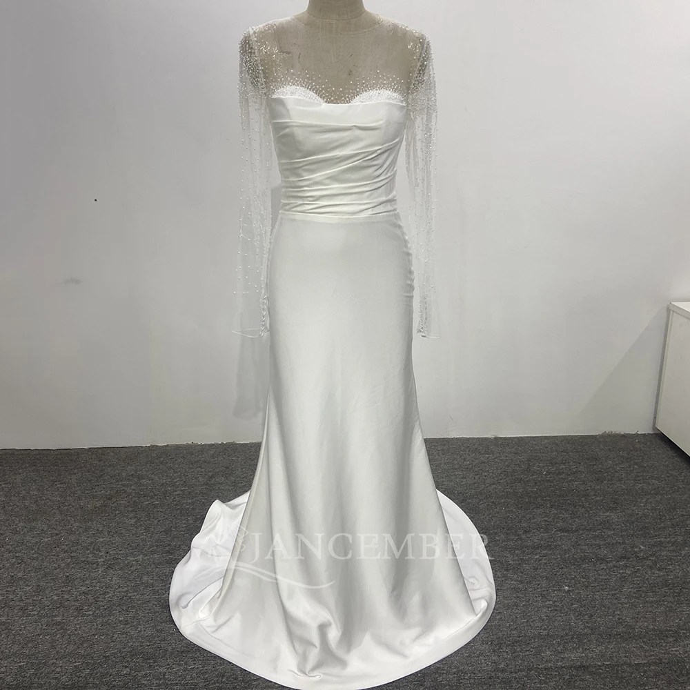 Bohemian Wedding Dress for Women A-Line Boho Lace Long Sleeves Satin Bridal Gown Sweep Train Pearls robe de mariée Customized