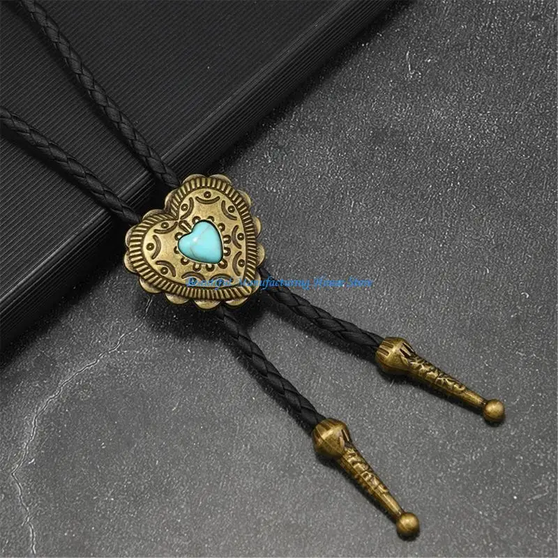 

E56A Punk Western Cowboy Bolo Tie Stone Heart Necktie Necklace Costume Accessory