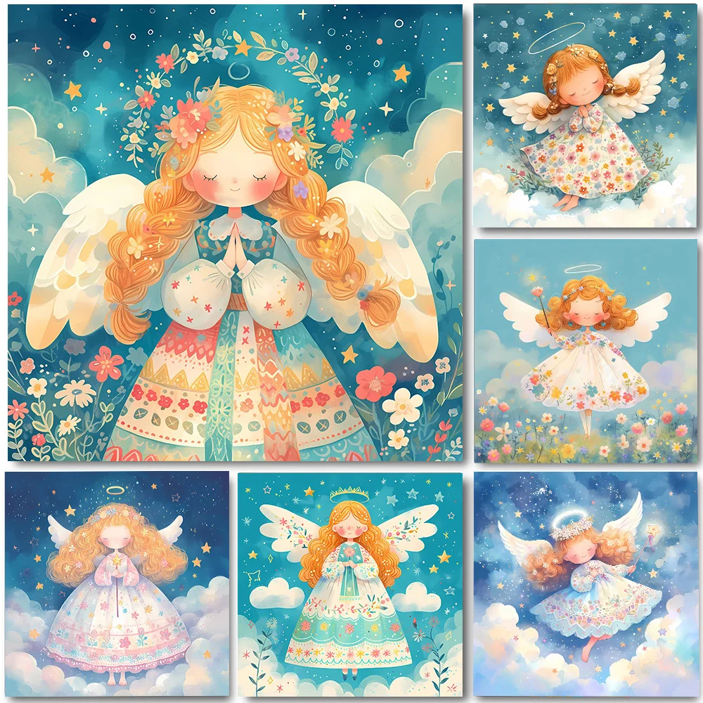 Cartoon White Wings Angel 5D Full Round Diamond Painting Kits Cute Spray Little Girl DIY Drills Mosaic Embroidery Cross-stitch