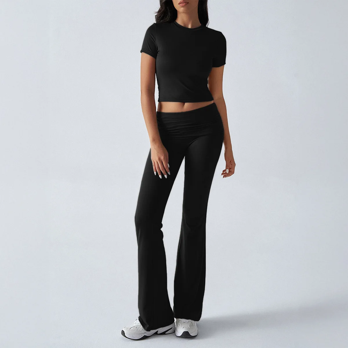 2025 Spring Summer Women's Casual Clothing Set Slim Fit Solid Color Short Sleeve Top with Trousers, European and American Style