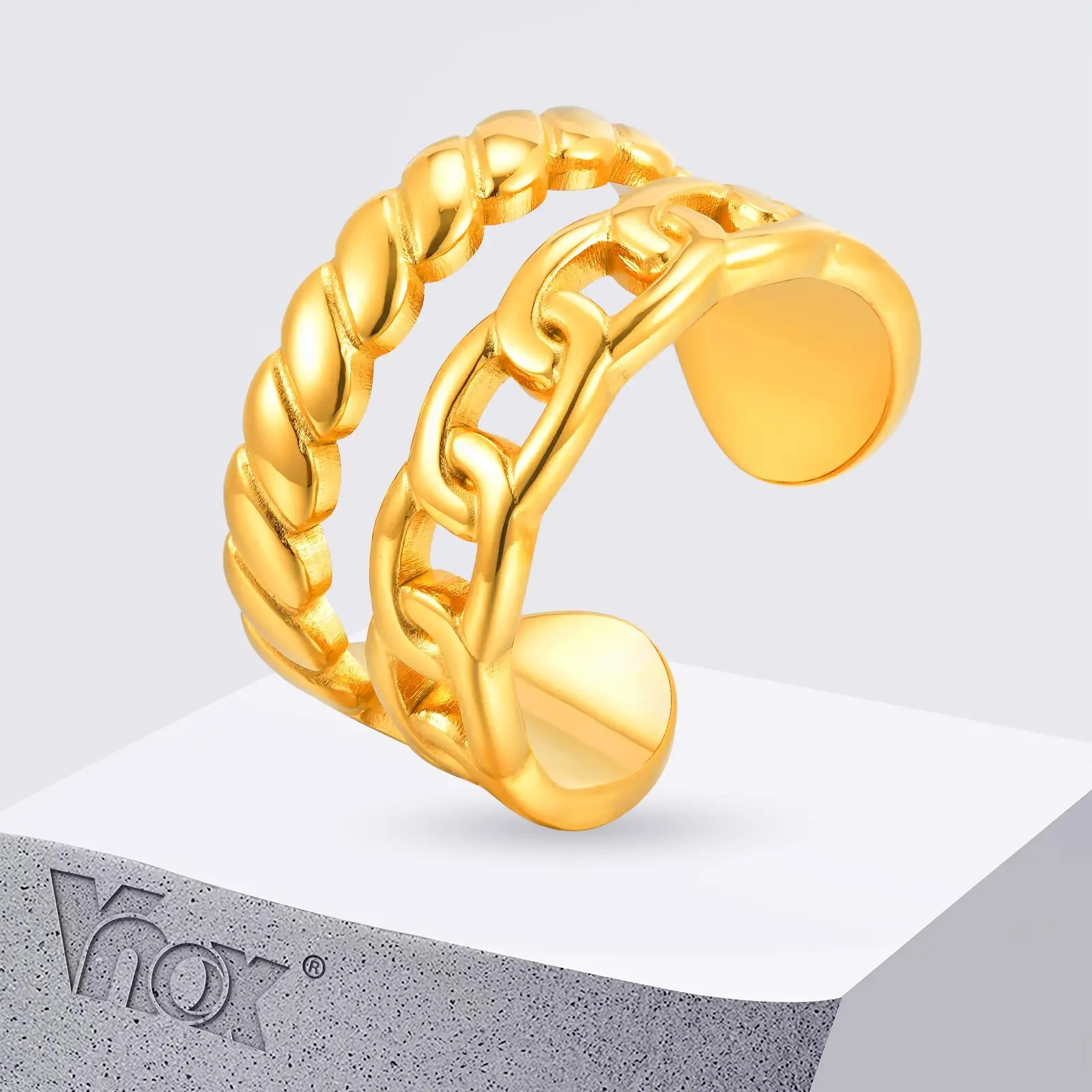 

Vnox Gold Plated Twist Chain Hollow Rings For Women, Trendy Stainless Steel Simple Open Ring,Wedding Couple Jewelry Gifts
