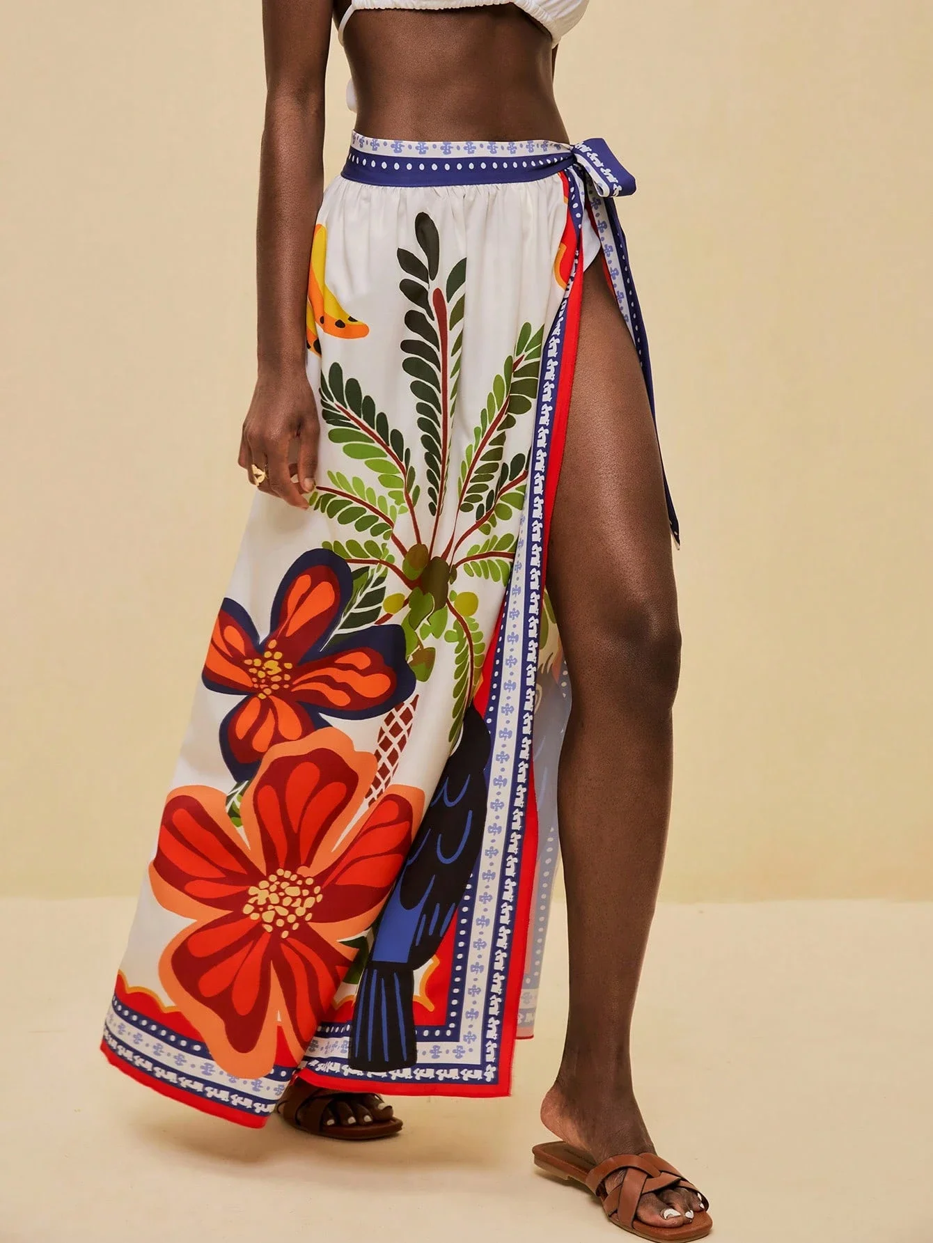 

Womens Colorful Floral Print Long Beach Cover Up Skirt With High Slit