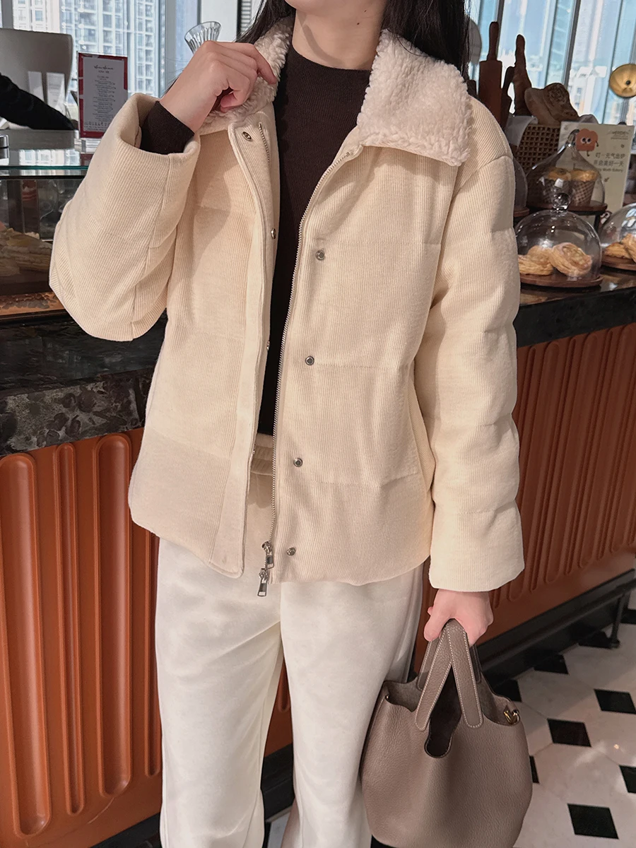 

Warm Wool Collar ort Jaet with Goose down Vertical Stripe Texture White Goose Feather Warmth Women's Faion Winter Coat