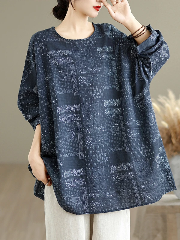 

Retro Sle Long Sve Cotton Linen Loose Fit Printed T-irt Women's Autumn New Faion Slimming round Ne Top