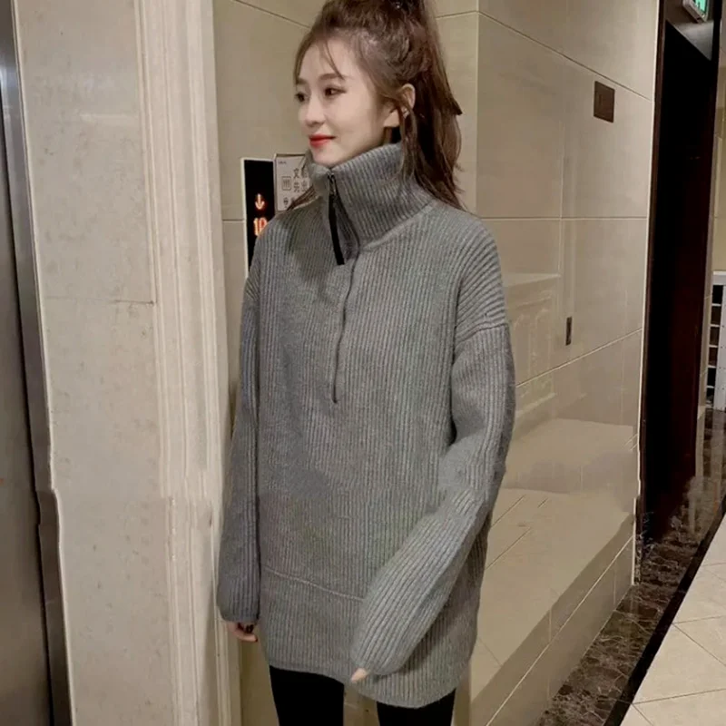 Half zip turtleneck pullover sweater women 2023 autumn and winter loose soft long sleeve solid vertical thread knitted sweater