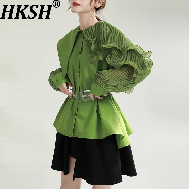 

HKSH Spring Autumn New Women's Shirt Turn-down Collar Patchwork Ruffles Lantern Sleeves Asymmetric Chic Blouse With Belt HK15067
