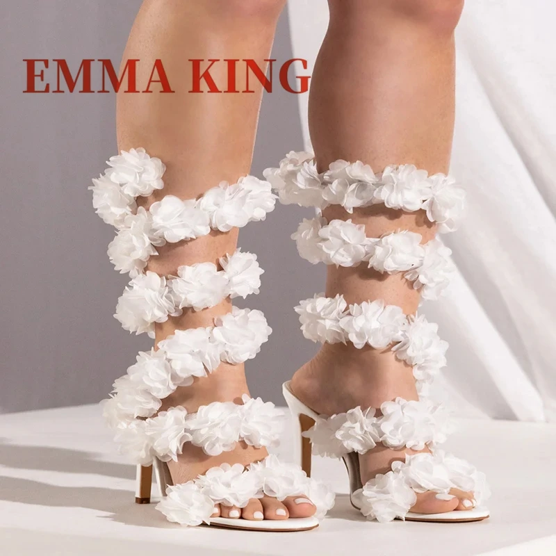 صنادل نسائية من التول Strappy صنادل صيفية عصرية بمقدمة مستديرة صنادل صيفية مزهّرة عند الكاحل أحذية ملهى ليلي 43 #1