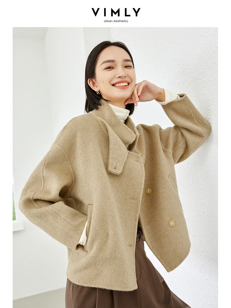 

Vimly 2023 Winter Wool Coats for Women Stand Collar Single Breasted Overcoat Female Thick Warm Long Sleeve Cropped Jacket 50759