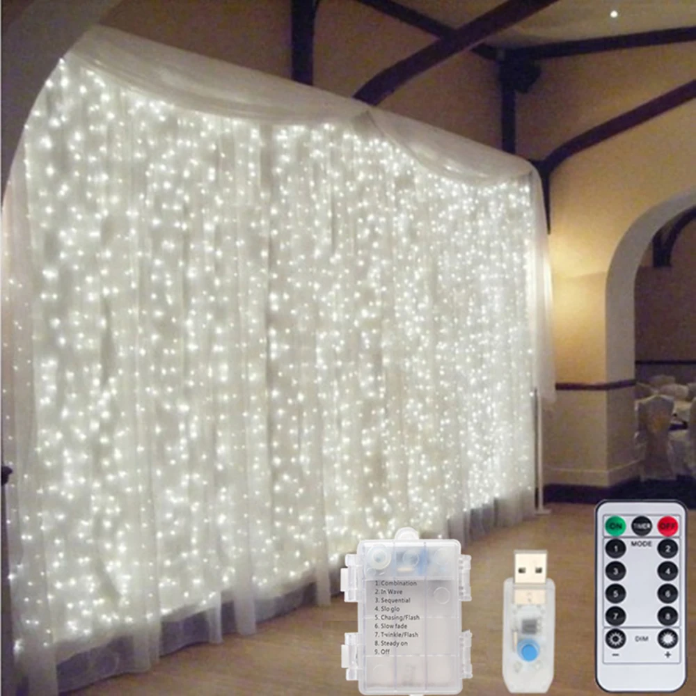 Lumières dégradées de rideau de LED, batterie USB, 62 guirlandes lumineuses, guirxiété de Noël, fête du Nouvel An, mariage, camping, décoration de la maison