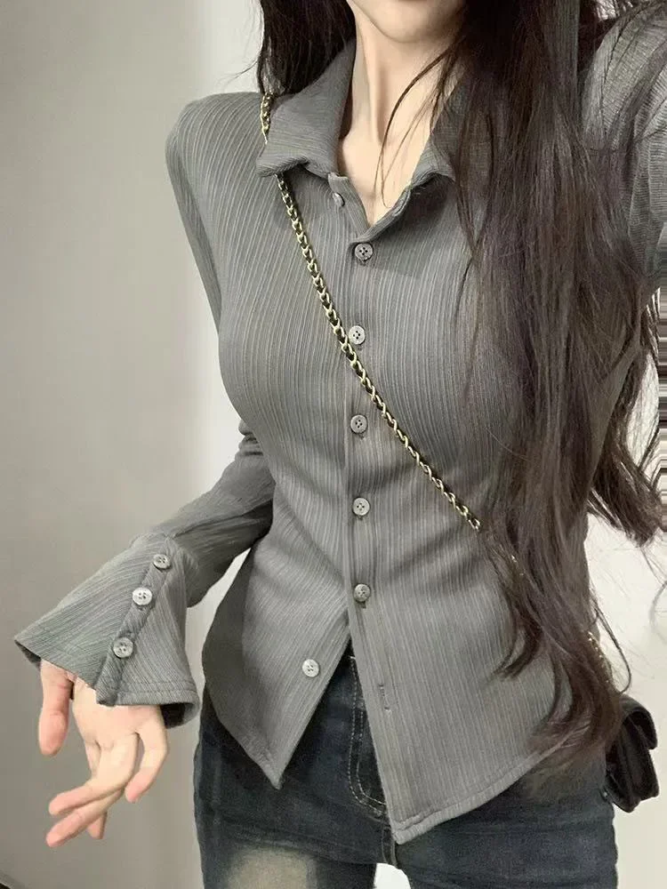 

Korean Long Sleeve Women Shirt Spring New Slim Lapel Female Blouse Fashion Streetwear Solid Ladies Buttons Tops ZT679