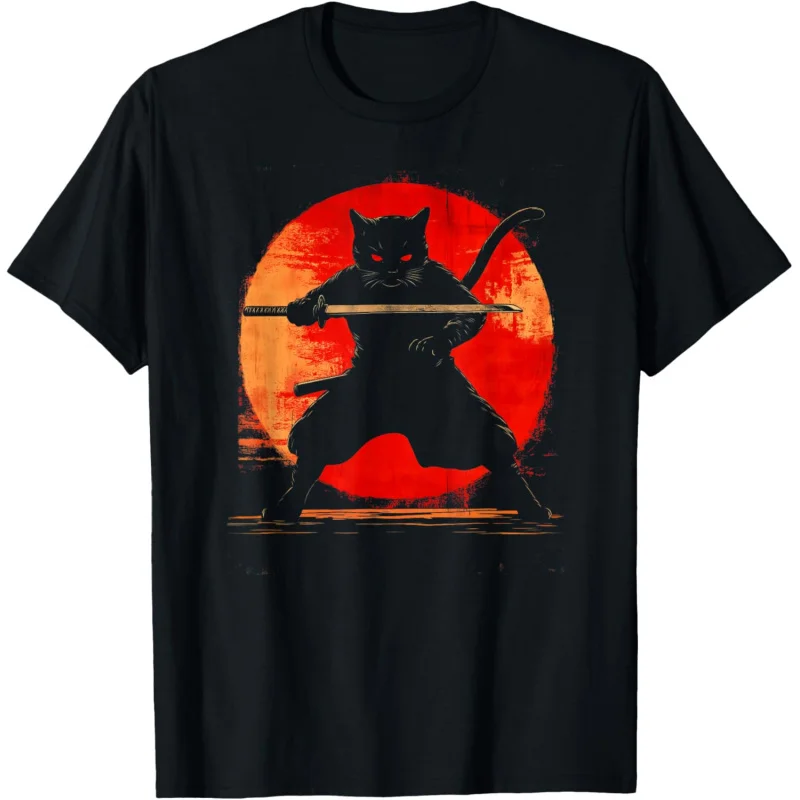 Samurai Cat graphic tee Katana Art Japanese anime T-shirt