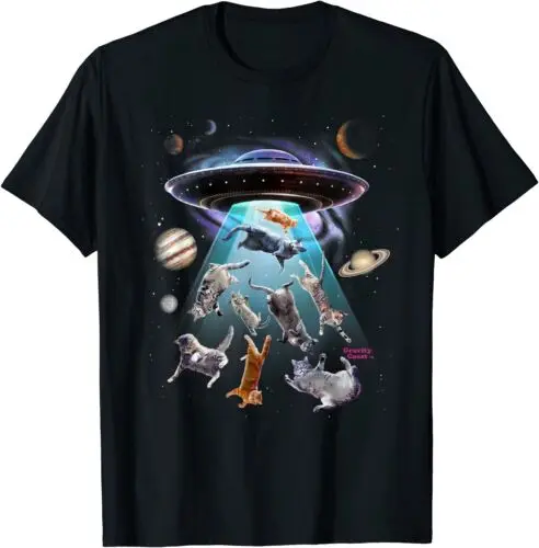 NEW! Aliens Abducting Cats Flying UFO Saucer Cosmic Space T-Shirt - MADE IN USA