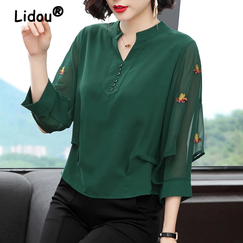 Women\'s Korean Fashion Embroidery Chiffon Blouse Elegant Three-quarter Sleeve Loose Shirt Hollow Out Chic Tops Blusas Para Mujer