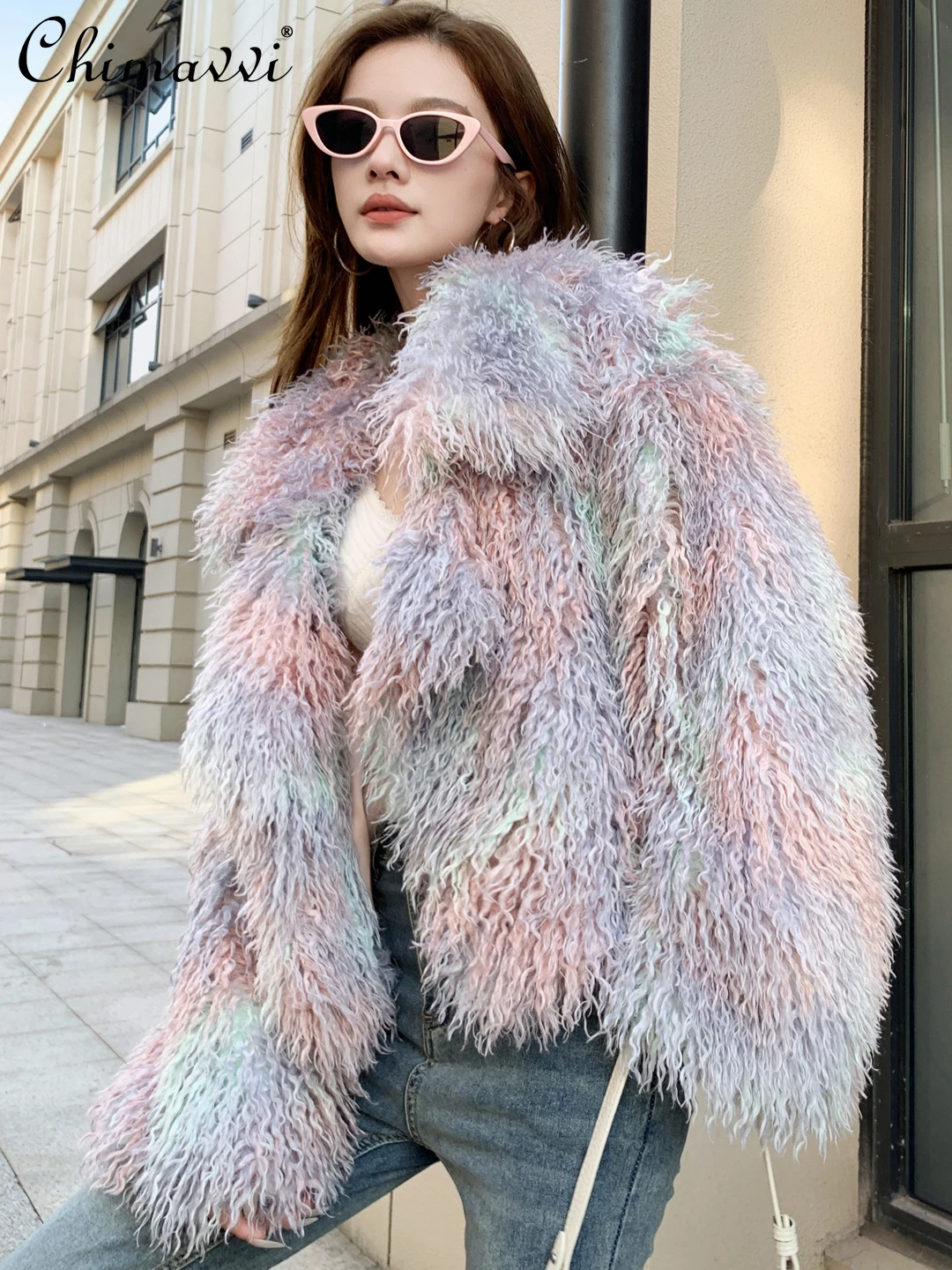

Autumn Winter New High-end Fashion Pink Dyed Pointed Collar Fur Coat Imitation Wool Long Sleeve Warm Turn-down Collar Coat Women
