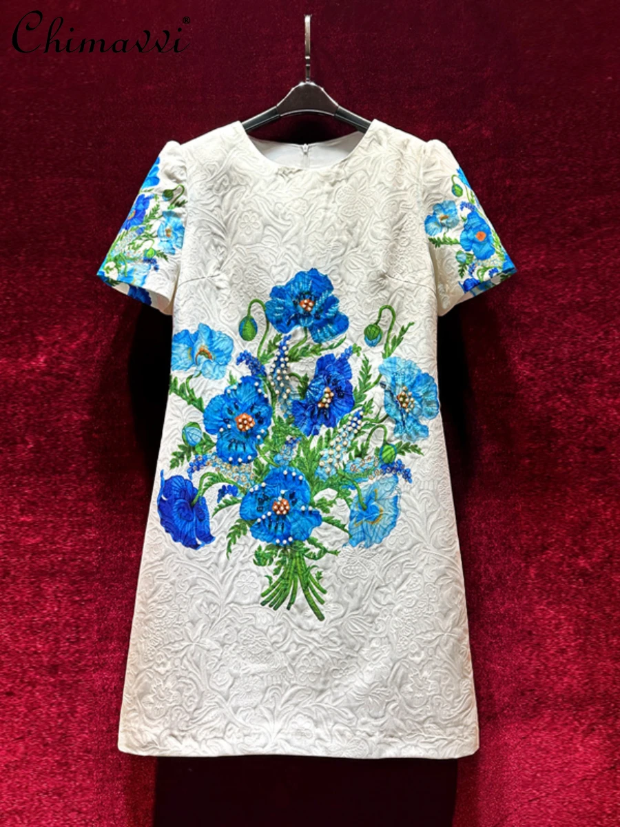 

Fashion Printed High-End Heavy Beads Short Sleeve Dress Round Neck Loose Waist Elegant Above Knee White Dress Women Summer New